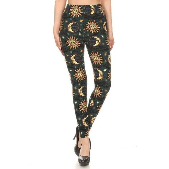 Plus Size Womens Sun & Moon Printed High Waisted Leggings With Elastic Waist - Picture 1 of 5